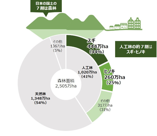 国内の杉人工林が占める割合